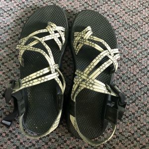 white & grey chacos